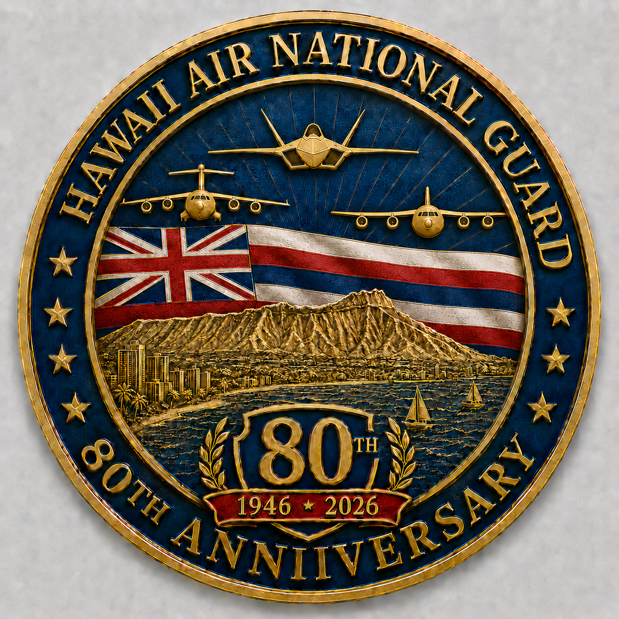 Hawaiʻi Air National Guard 80th anniversary emblem featuring aircraft, the Hawaiian flag, and Diamond Head