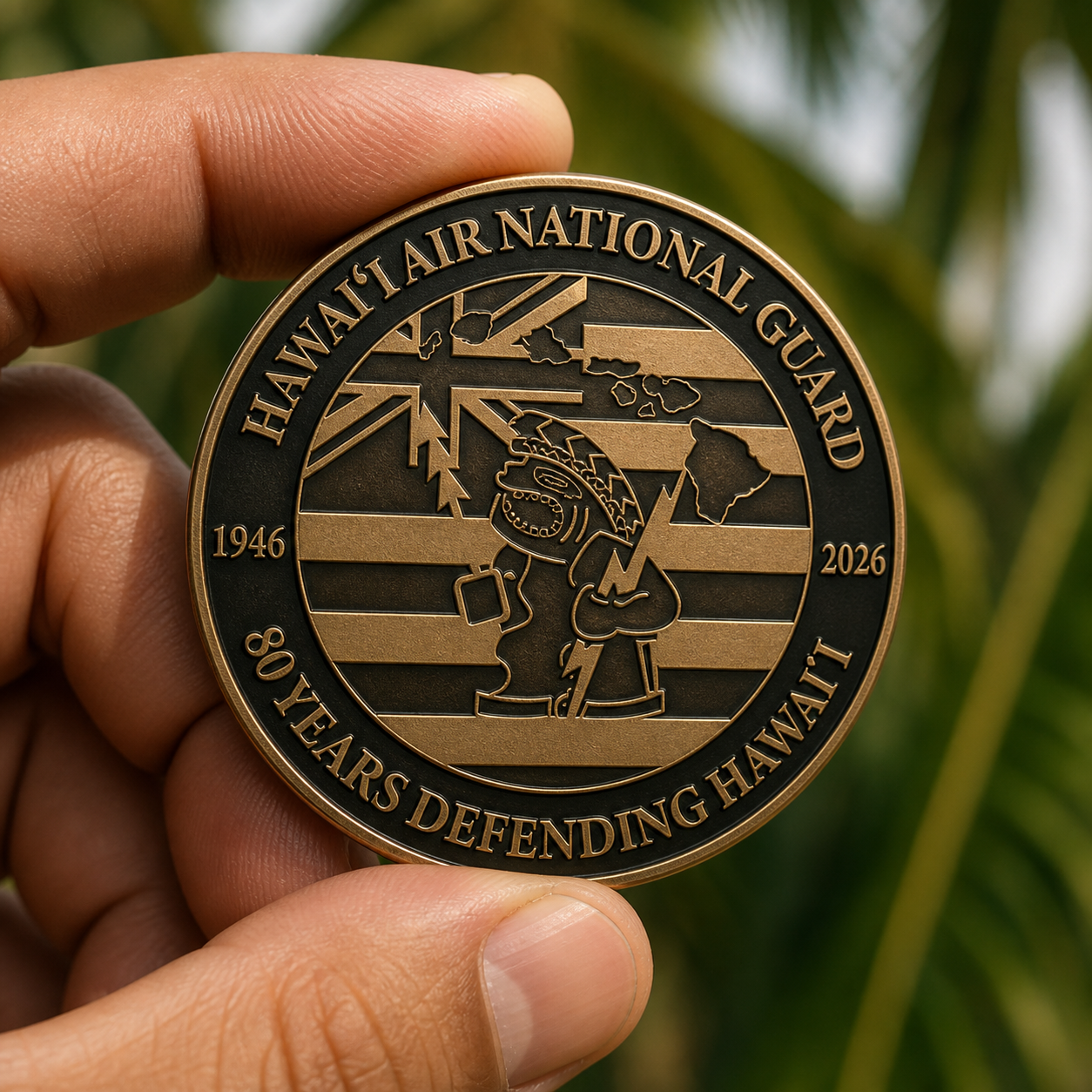 Front of the burnished-metal HIANG 80th anniversary challenge coin held between two fingers
