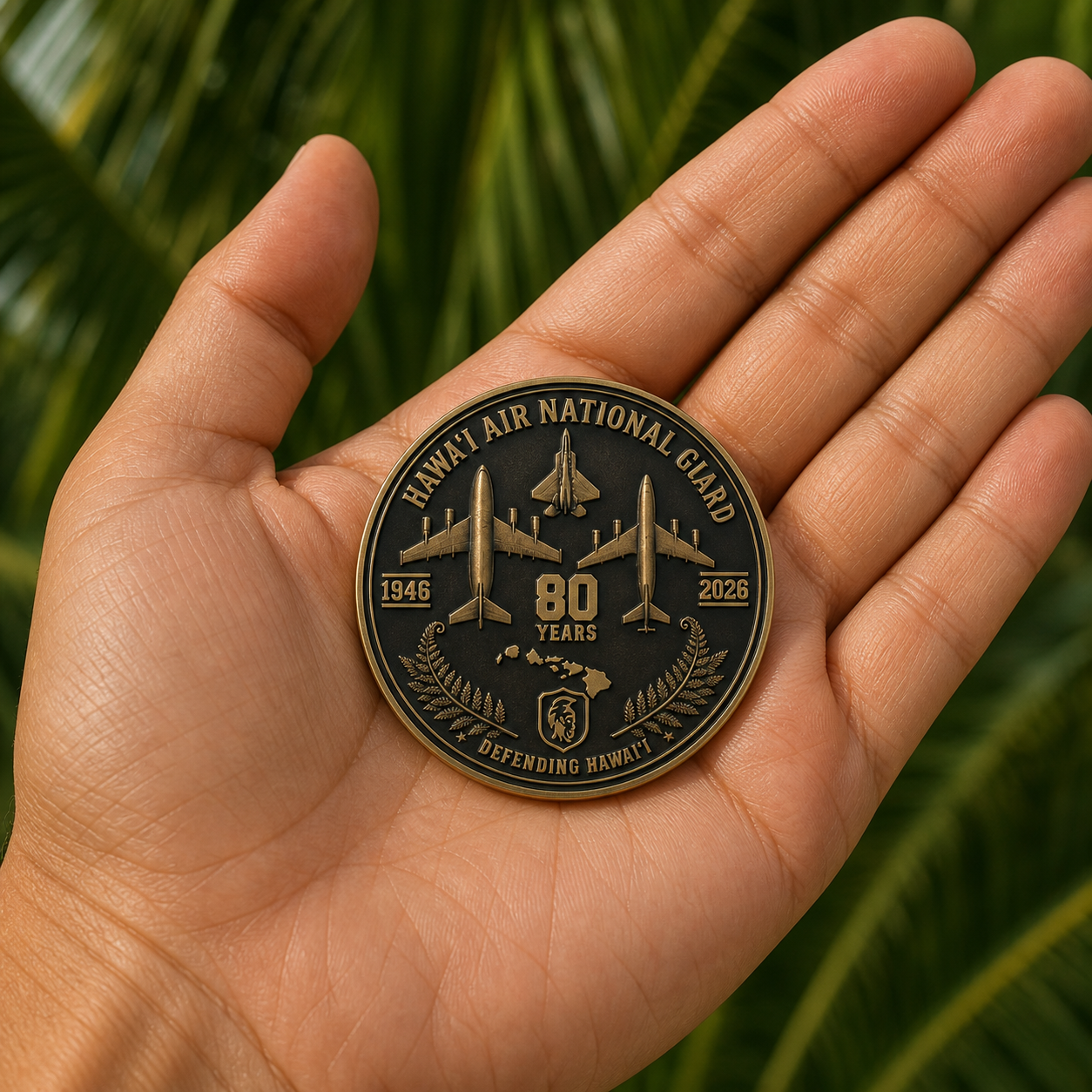 Reverse of the burnished-metal HIANG 80th anniversary challenge coin resting in an open palm