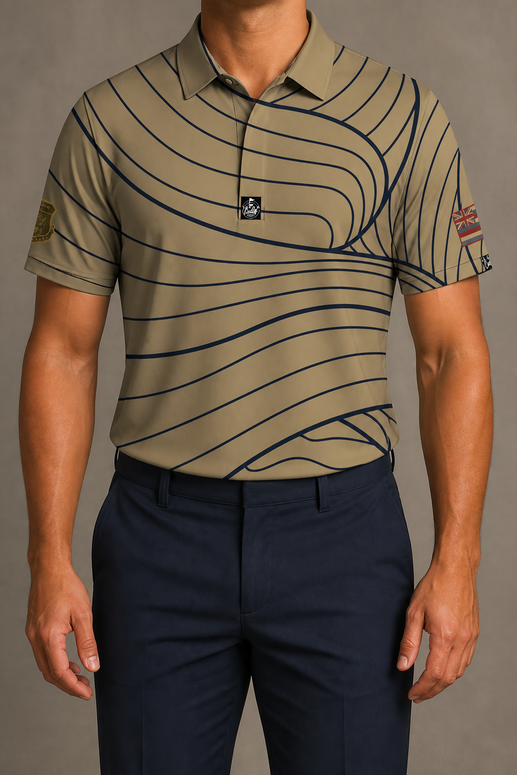Front view of the HIANG 80th anniversary polo with dark slacks