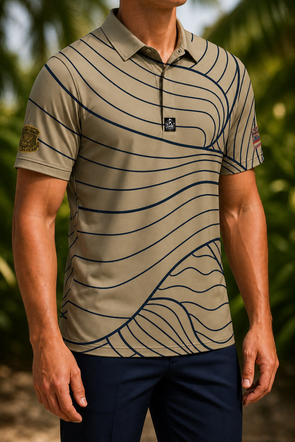 Tan and navy HIANG 80th anniversary polo worn untucked by a male model